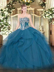 Pretty Sleeveless Tulle Floor Length Lace Up Quinceanera Dress in Teal with Beading and Ruffles