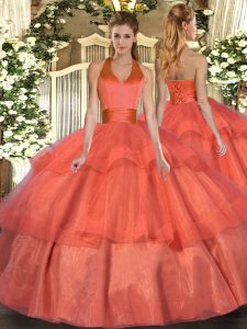 Pretty Orange Red Tulle Lace Up Quinceanera Gown Sleeveless Floor Length Ruffled Layers