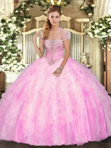 High Quality Rose Pink Lace Up Strapless Appliques and Ruffles Quinceanera Gowns Tulle Sleeveless