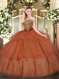 Romantic Rust Red 15th Birthday Dress Military Ball and Sweet 16 and Quinceanera with Beading and Ruffled Layers Straple