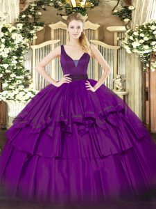 Flirting Sleeveless Floor Length Beading and Ruffled Layers Zipper Sweet 16 Dresses with Purple