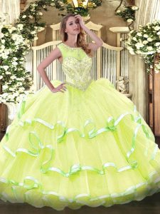Best Selling Beading and Ruffled Layers Quince Ball Gowns Yellow Green Lace Up Sleeveless Floor Length