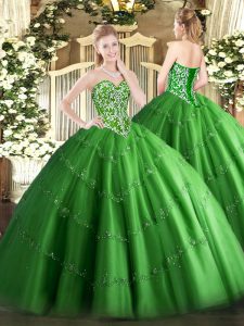 Floor Length Green Sweet 16 Dresses Tulle Sleeveless Beading and Appliques