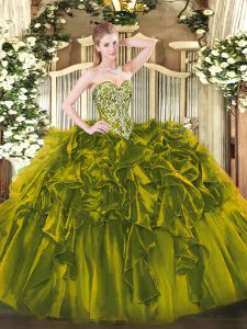 Suitable Floor Length Olive Green Ball Gown Prom Dress Organza Sleeveless Beading and Ruffles