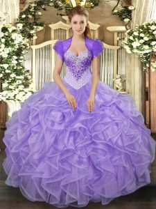 Best Selling Lavender Sweetheart Neckline Beading and Ruffles Quince Ball Gowns Sleeveless Lace Up