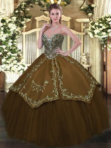 Modest Brown Lace Up Sweetheart Beading and Embroidery Ball Gown Prom Dress Taffeta and Tulle Sleeveless