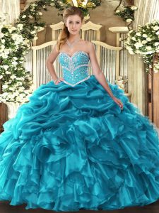 Most Popular Teal Lace Up Sweetheart Beading and Ruffles and Pick Ups Quinceanera Gowns Organza Sleeveless