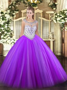 Ball Gowns Quinceanera Dress Eggplant Purple Scoop Tulle Sleeveless Floor Length Zipper
