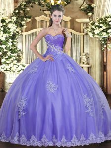 Comfortable Sleeveless Tulle Floor Length Lace Up Quinceanera Dresses in Lavender with Beading and Appliques