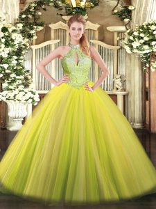Colorful Yellow Green Tulle Lace Up Vestidos de Quinceanera Sleeveless Floor Length Sequins