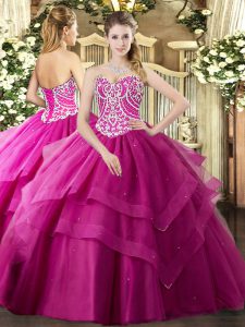 Fuchsia Ball Gowns Beading and Ruffled Layers Vestidos de Quinceanera Lace Up Tulle Sleeveless Floor Length