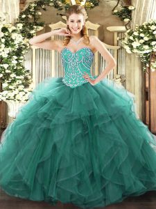 Turquoise Tulle Lace Up Sweetheart Sleeveless Floor Length Quinceanera Gowns Beading and Ruffles