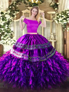 Luxurious Eggplant Purple Short Sleeves Organza and Taffeta Zipper Quinceanera Dress for Military Ball and Sweet 16 and 