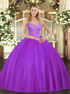 Sleeveless Tulle Floor Length Lace Up Vestidos de Quinceanera in Eggplant Purple with Beading