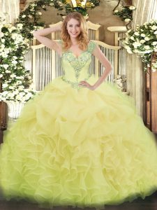 Sleeveless Floor Length Beading and Ruffles and Pick Ups Lace Up Quinceanera Dresses with Yellow