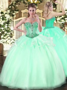 Sleeveless Floor Length Beading Lace Up Sweet 16 Dresses with Apple Green