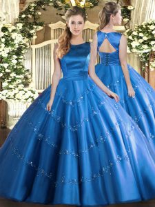 Floor Length Baby Blue Quinceanera Gowns Tulle Sleeveless Appliques