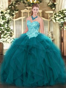 Floor Length Teal Sweet 16 Dresses Organza Sleeveless Appliques and Ruffles