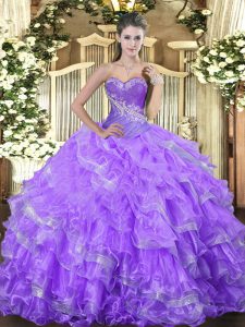 Floor Length Lace Up Sweet 16 Dresses Lavender for Military Ball and Sweet 16 and Quinceanera with Beading and Ruffled L