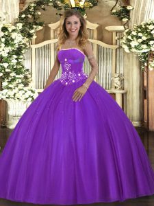 High Class Purple Sleeveless Tulle Lace Up Sweet 16 Dresses for Military Ball and Sweet 16 and Quinceanera