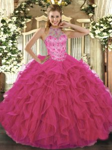 Floor Length Lace Up Quinceanera Gown Hot Pink for Military Ball and Sweet 16 and Quinceanera with Beading and Embroider