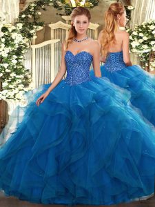 Admirable Floor Length Ball Gowns Sleeveless Blue Quinceanera Gowns Lace Up