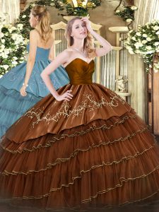 Unique Organza and Taffeta Sweetheart Sleeveless Zipper Embroidery and Ruffled Layers Quinceanera Gown in Brown
