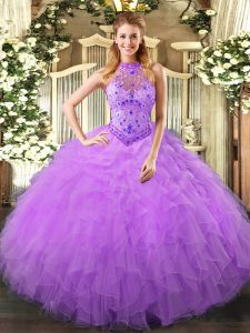 Flirting Lavender Ball Gowns Beading and Ruffles 15th Birthday Dress Lace Up Organza Sleeveless Floor Length