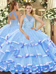 Sophisticated Aqua Blue Ball Gowns Organza Halter Top Sleeveless Beading and Ruffled Layers Floor Length Lace Up Quincea
