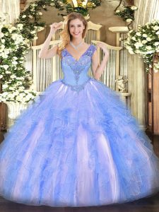 Light Blue Organza Lace Up Quinceanera Dress Sleeveless Floor Length Beading and Ruffles