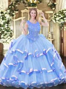 On Sale Baby Blue Ball Gowns Scoop Sleeveless Organza Floor Length Zipper Beading and Ruffled Layers Quinceanera Dresses