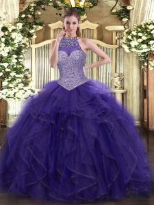 Hot Selling Floor Length Lace Up Quinceanera Gowns Purple for Military Ball and Sweet 16 and Quinceanera with Beading an