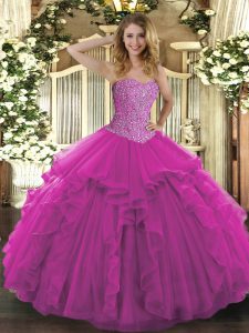 Simple Fuchsia Tulle Lace Up Sweet 16 Quinceanera Dress Sleeveless Floor Length Beading and Ruffles