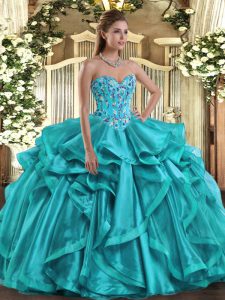 On Sale Sweetheart Sleeveless Organza Sweet 16 Quinceanera Dress Embroidery and Ruffles Lace Up