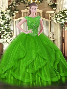 Cheap Sleeveless Tulle Floor Length Zipper 15th Birthday Dress in Green with Beading