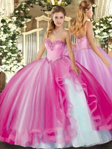 Floor Length Lace Up Quince Ball Gowns Fuchsia for Military Ball and Sweet 16 and Quinceanera with Beading and Ruffles