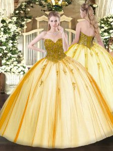 Gold Lace Up 15th Birthday Dress Beading Sleeveless Floor Length