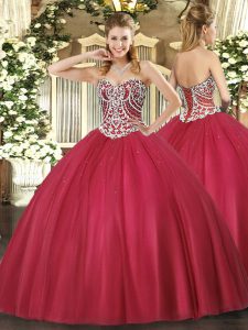 Excellent Sweetheart Sleeveless Sweet 16 Dress Floor Length Beading Red Tulle
