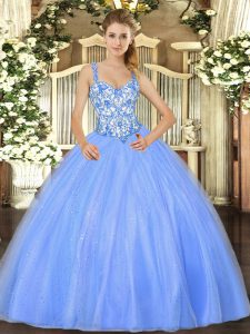 Baby Blue Ball Gowns Straps Sleeveless Organza Floor Length Lace Up Beading and Appliques Quinceanera Dress