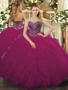 Elegant Fuchsia Lace Up Sweet 16 Dress Beading and Ruffled Layers Sleeveless Floor Length