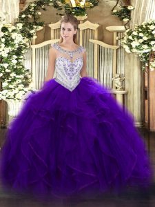 Customized Sleeveless Tulle Floor Length Zipper Quince Ball Gowns in Purple with Beading and Ruffles