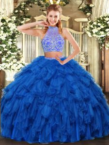 New Style Royal Blue Two Pieces Organza Halter Top Sleeveless Beading and Ruffles Floor Length Criss Cross 15 Quinceaner