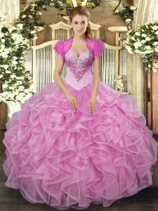 Glittering Rose Pink Sleeveless Beading and Ruffles Floor Length Quince Ball Gowns