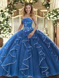 Stylish Blue Ball Gowns Tulle Strapless Sleeveless Beading and Ruffles Floor Length Lace Up Sweet 16 Dresses