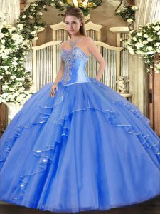 Blue Sweetheart Neckline Beading and Ruffles Quinceanera Gowns Sleeveless Lace Up