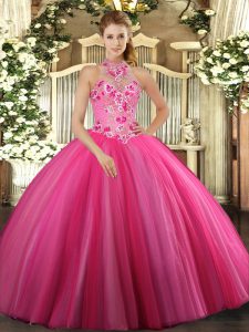 Chic Sleeveless Tulle Floor Length Lace Up Quinceanera Gown in Hot Pink with Embroidery