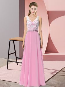 Sexy Rose Pink Empire Beading Homecoming Dress Backless Chiffon and Lace Sleeveless Floor Length