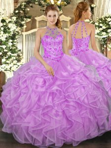 Lilac Organza Lace Up Quinceanera Dresses Sleeveless Floor Length Beading and Ruffles