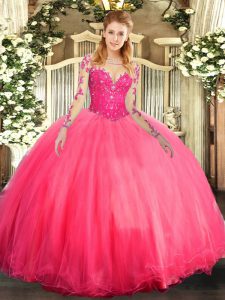 Coral Red Scoop Neckline Lace Quinceanera Gowns Long Sleeves Lace Up