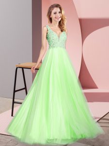 Delicate Floor Length Zipper Prom Party Dress Yellow Green for Prom and Party with Lace